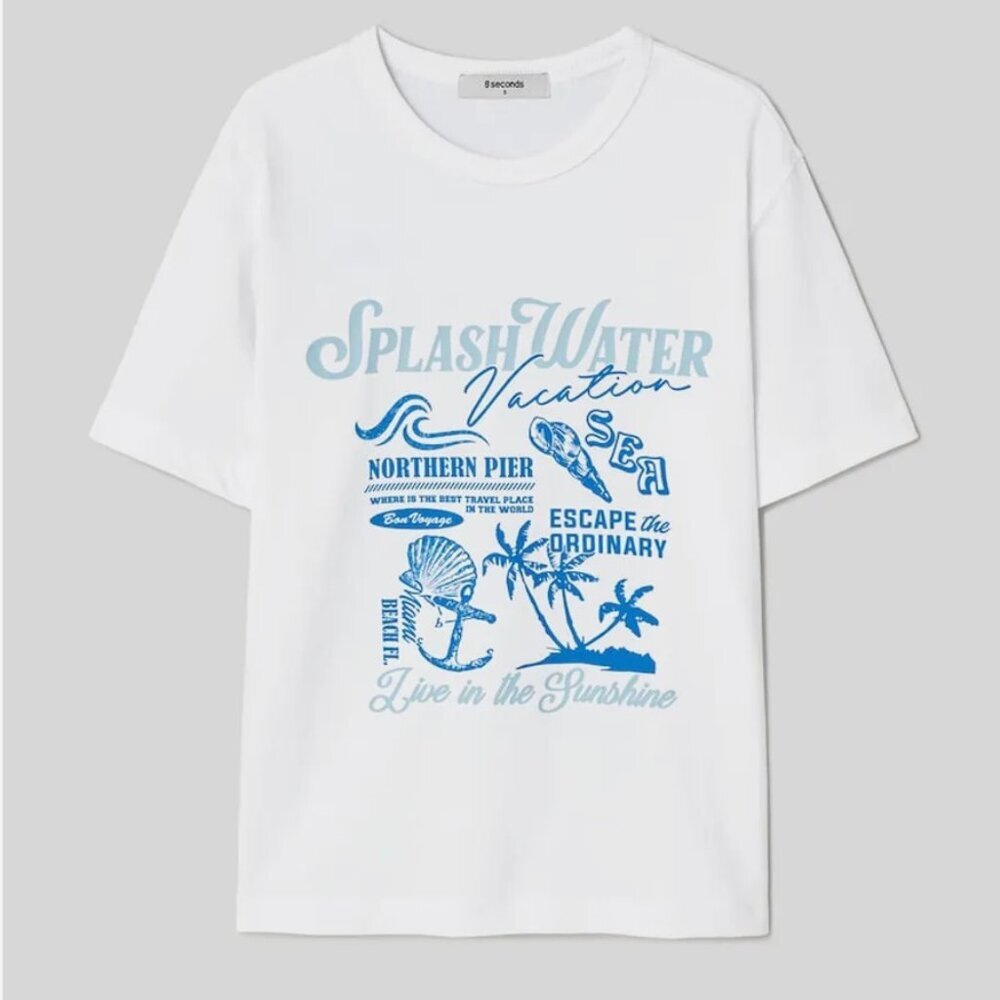 8Second Women's White Blue Splash Water Graphic Short Sleeve T-Shirt Size Small - Picture 8 of 8